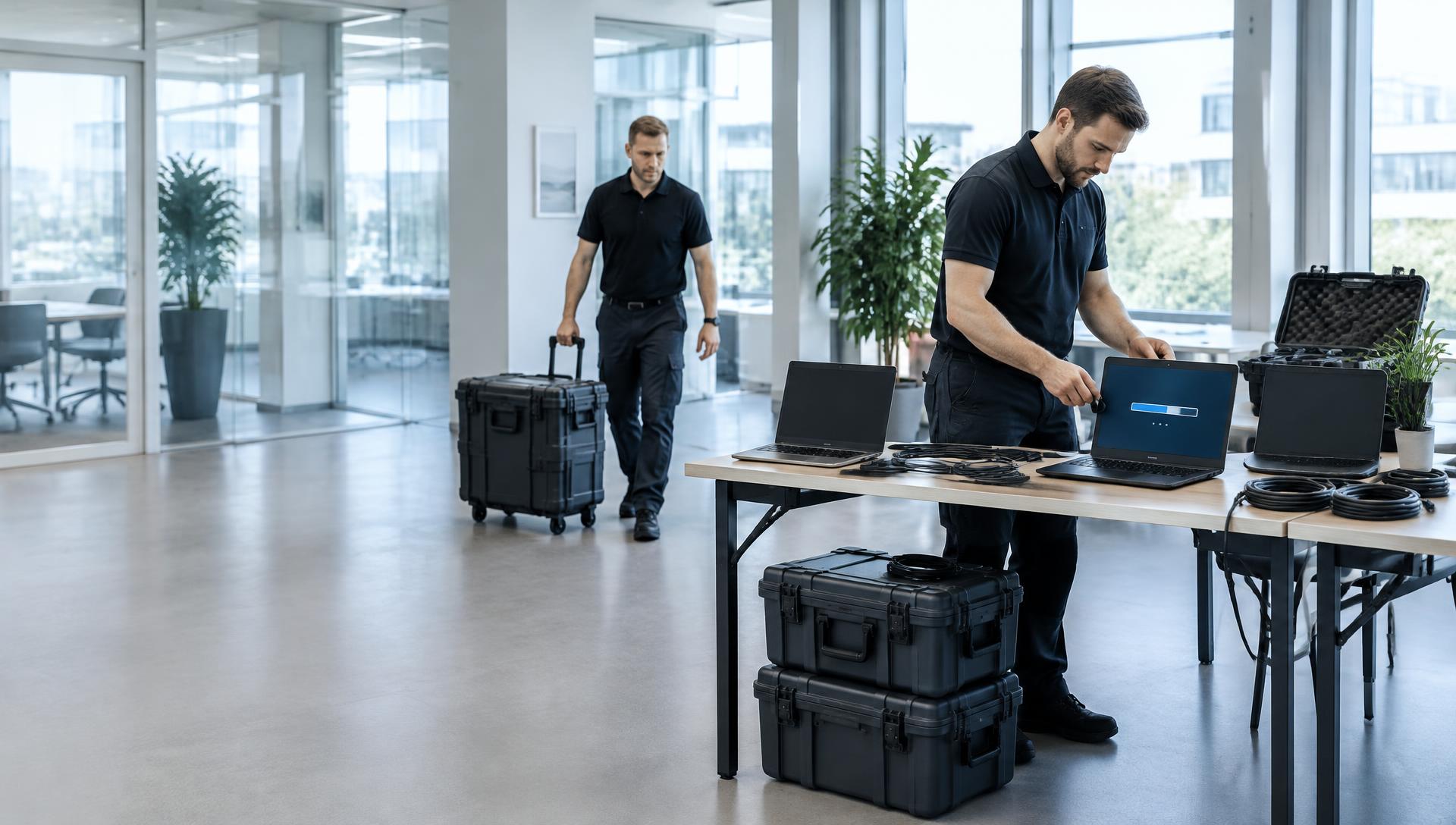 Illustration av tekniker som arbetar med datorer och transportboxar på ett kontor.